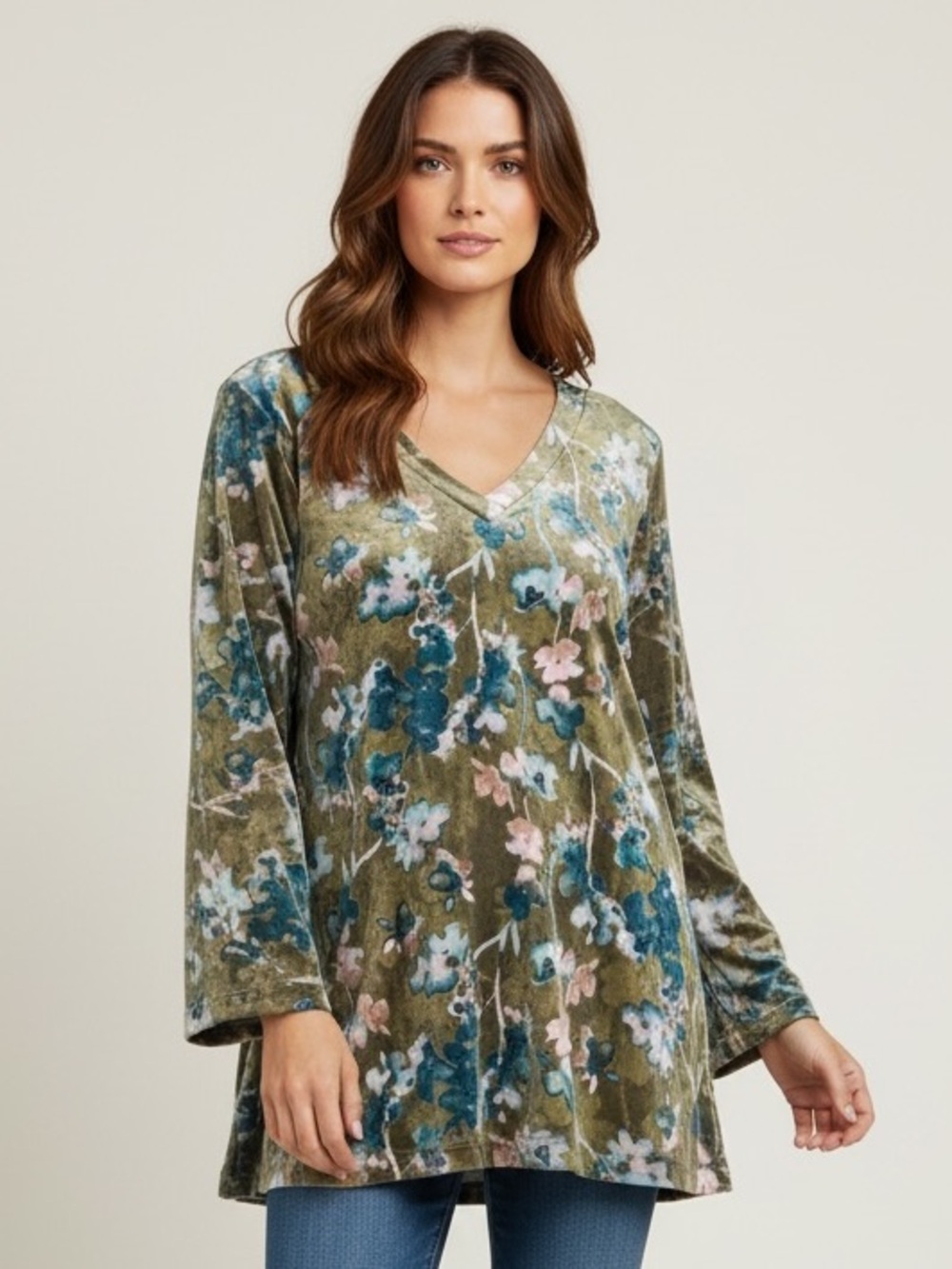 J Jill Velvet Floral V-Neck Tunic Top Sz PXL XL Petite ’Pure Jill’ Green Velour